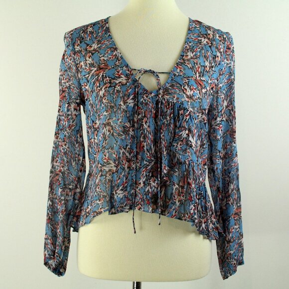 IRO Gosh Blue Floral Semi Sheer Ruffle Detail V-Neckline Peasant Blouse 36 S - Picture 1 of 6